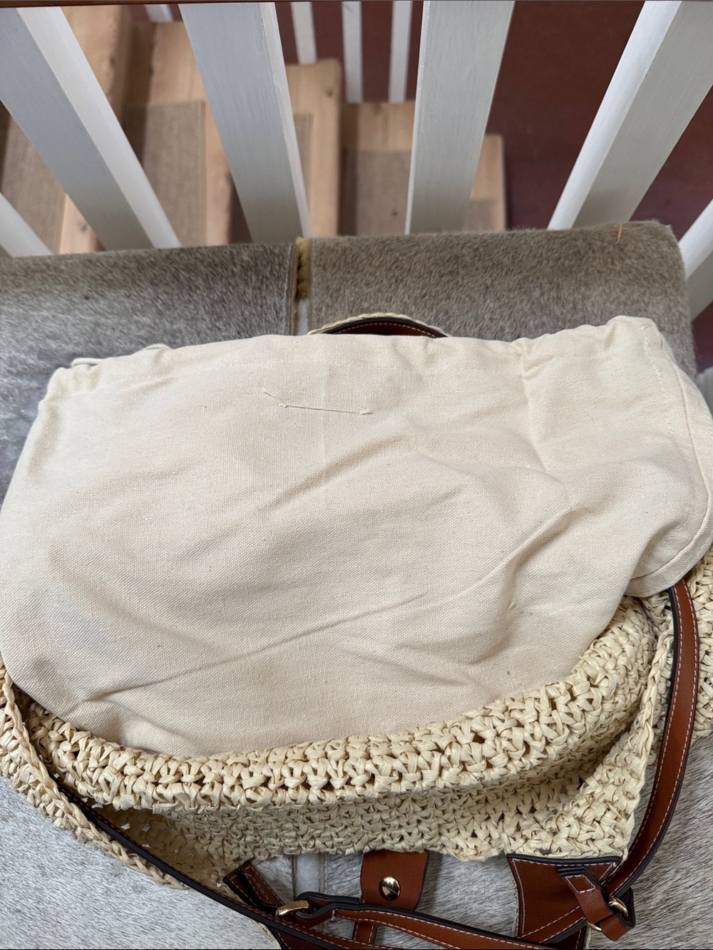 Mango Woven Straw Tote Bag with Brown faux Leather Straps - Picture 10 of 11
